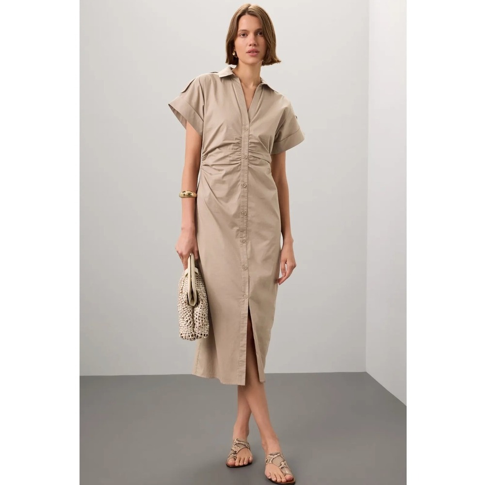 Beige Shirt Midi Dress with Front Slit
